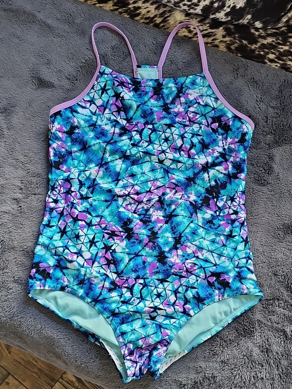 Speedo Girls' Teal Blue & Purple Geo One-Piece Swimsuit